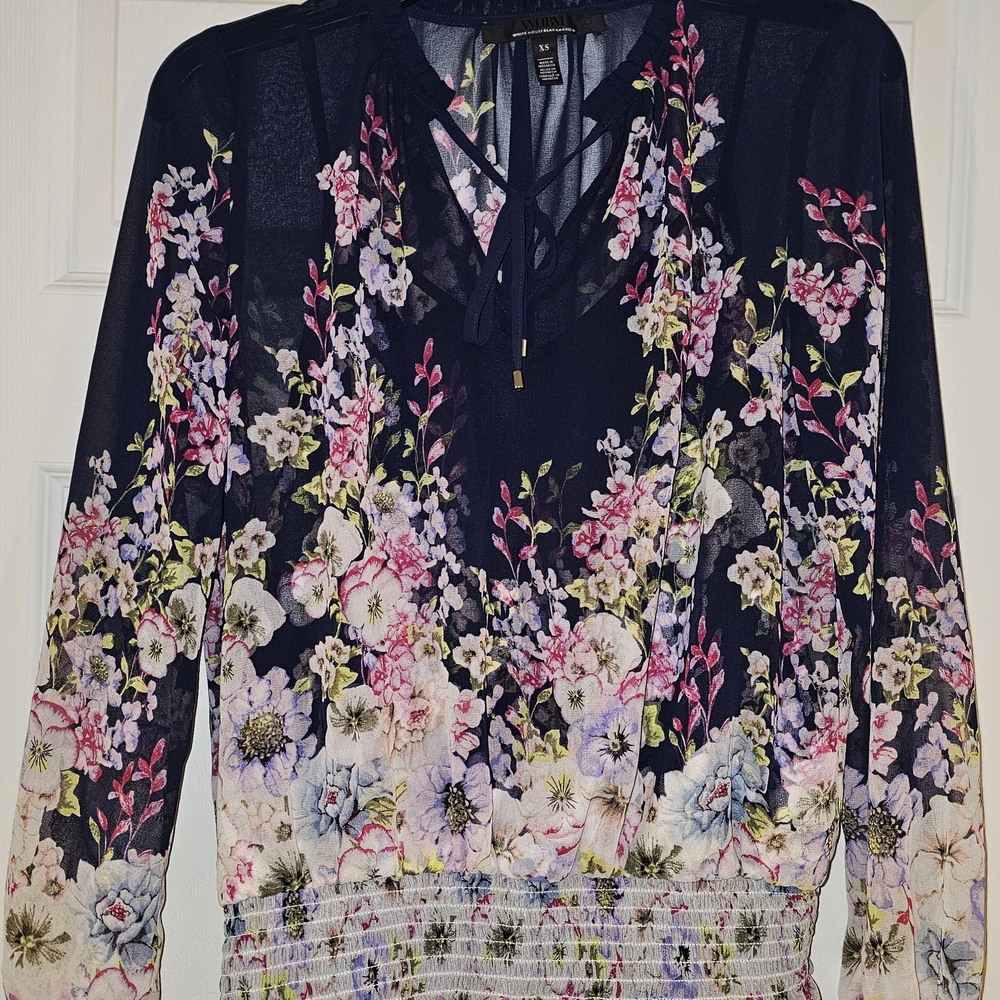 White House Black Market Floral Sheer Navy Blouse Size XS